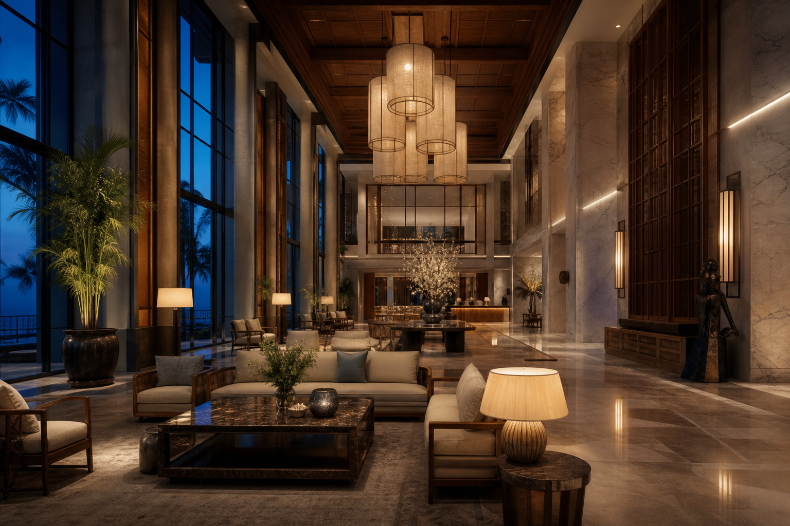 Boutique hotel lobby at dusk