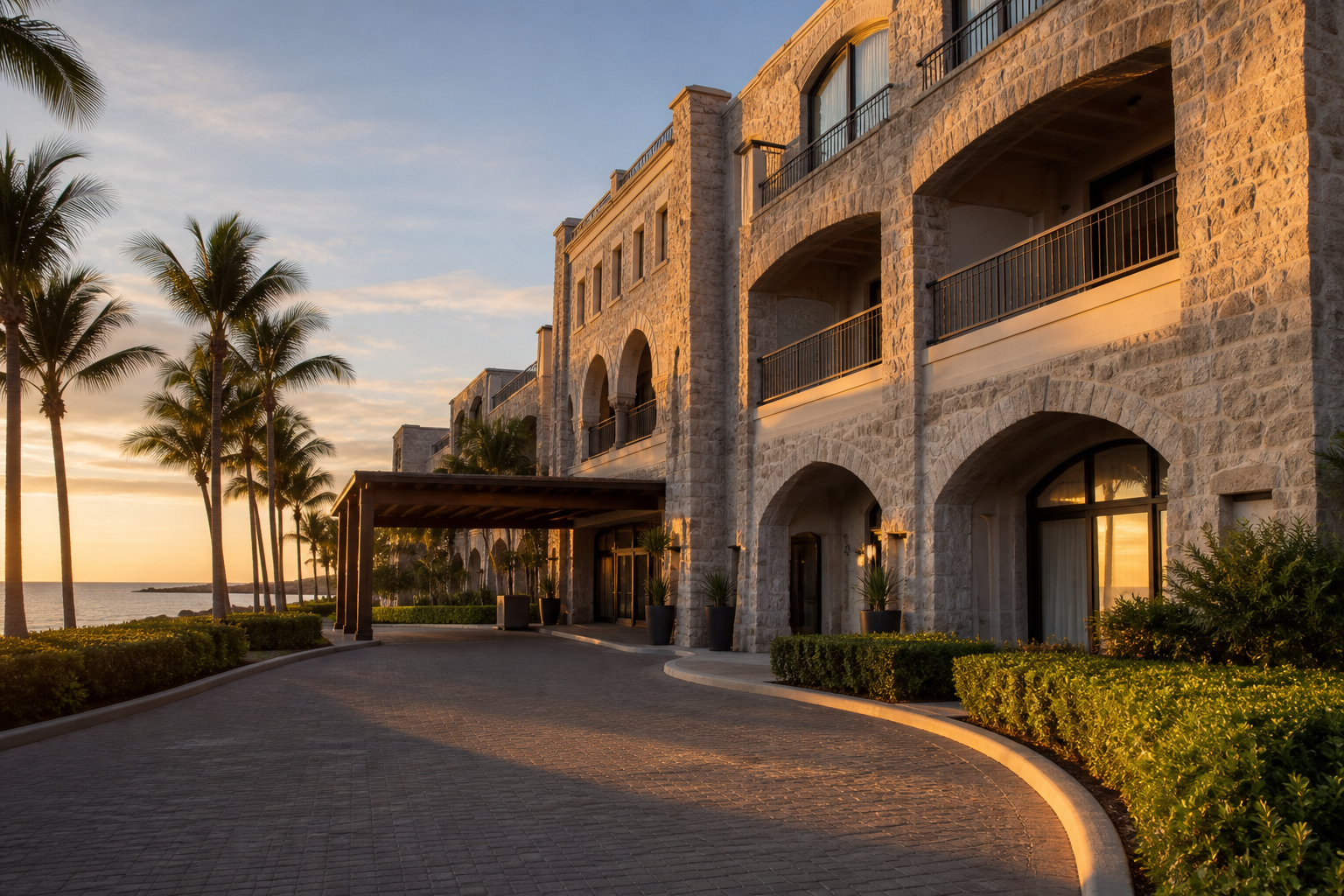 Coastal hotel at golden hour