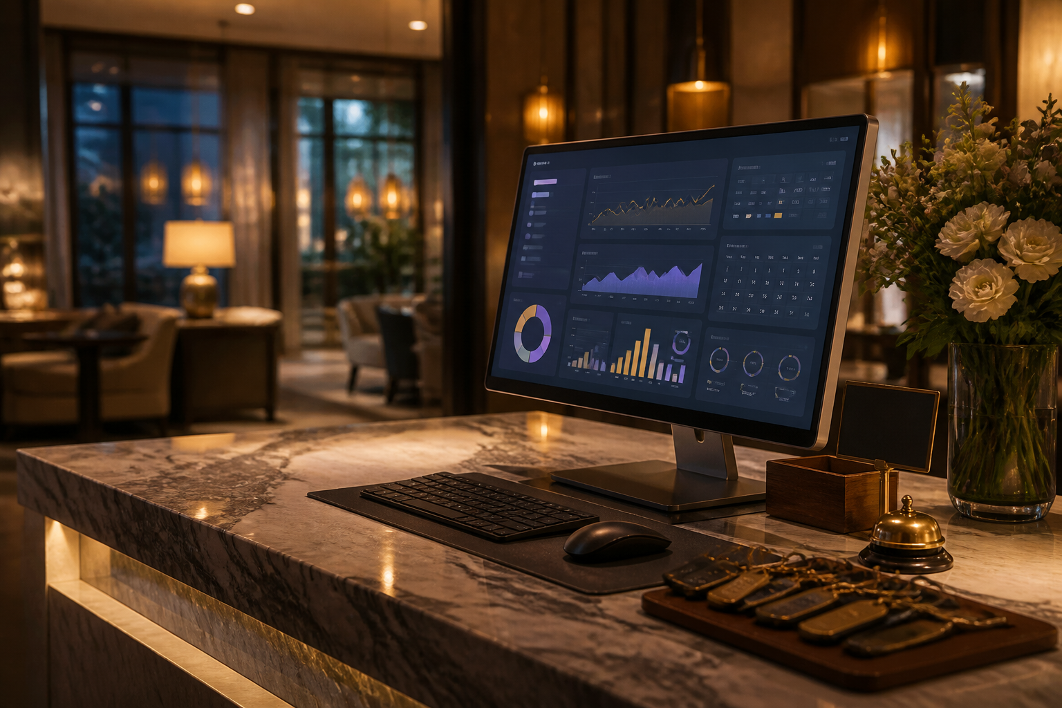 Hotel desk with a sales and booking screen