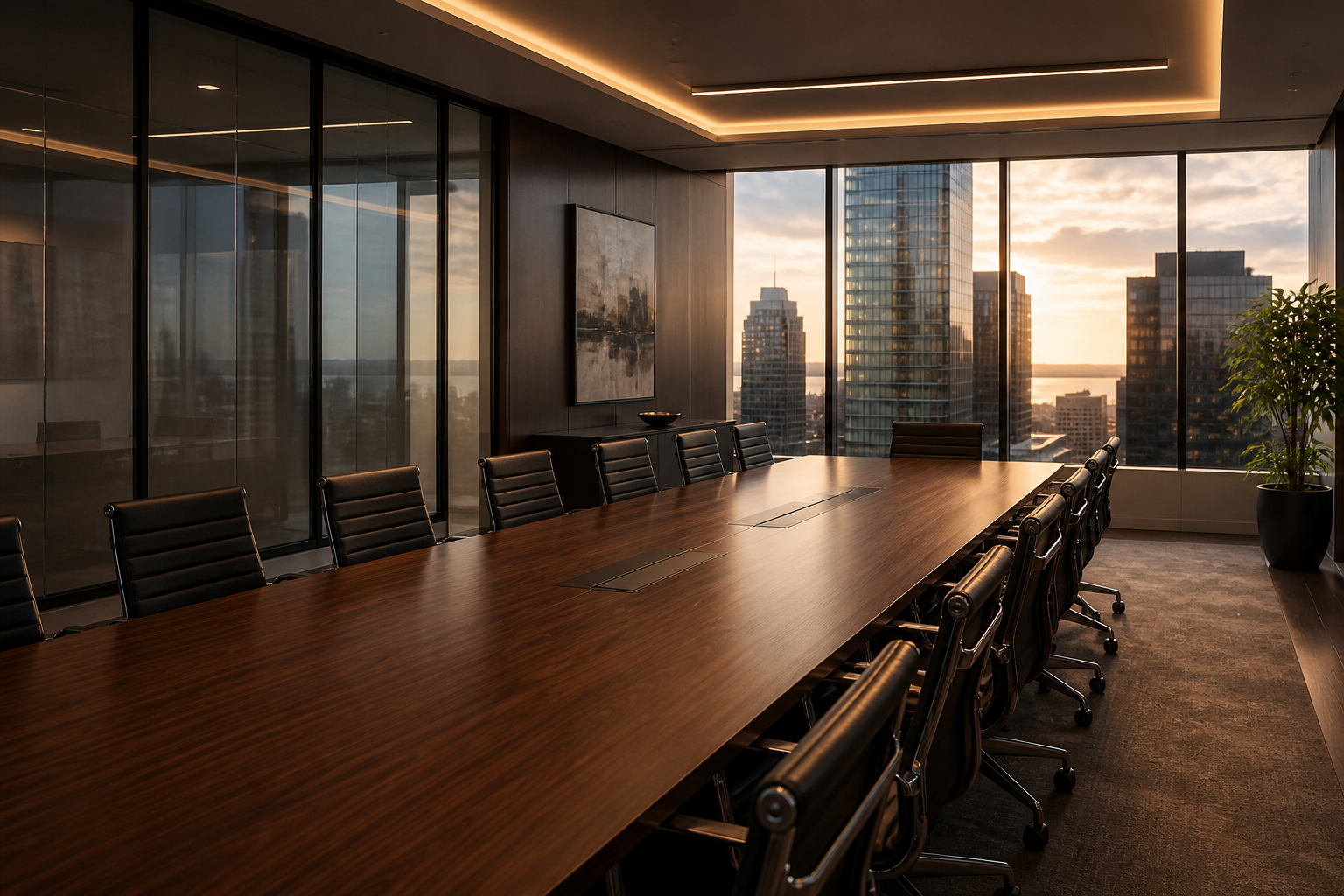 Dusk meeting in a glass finance office