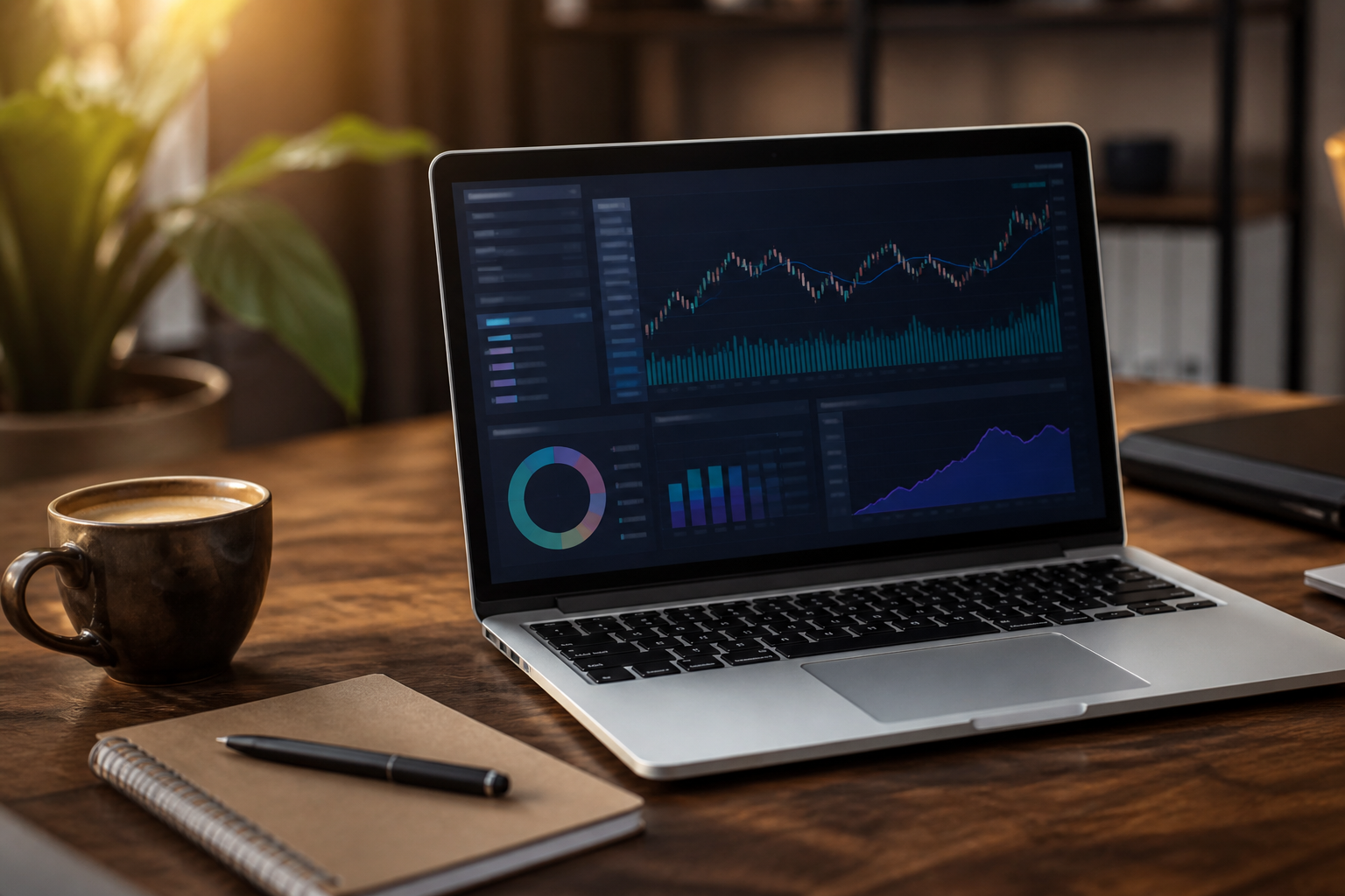 Laptop with finance charts on a walnut desk