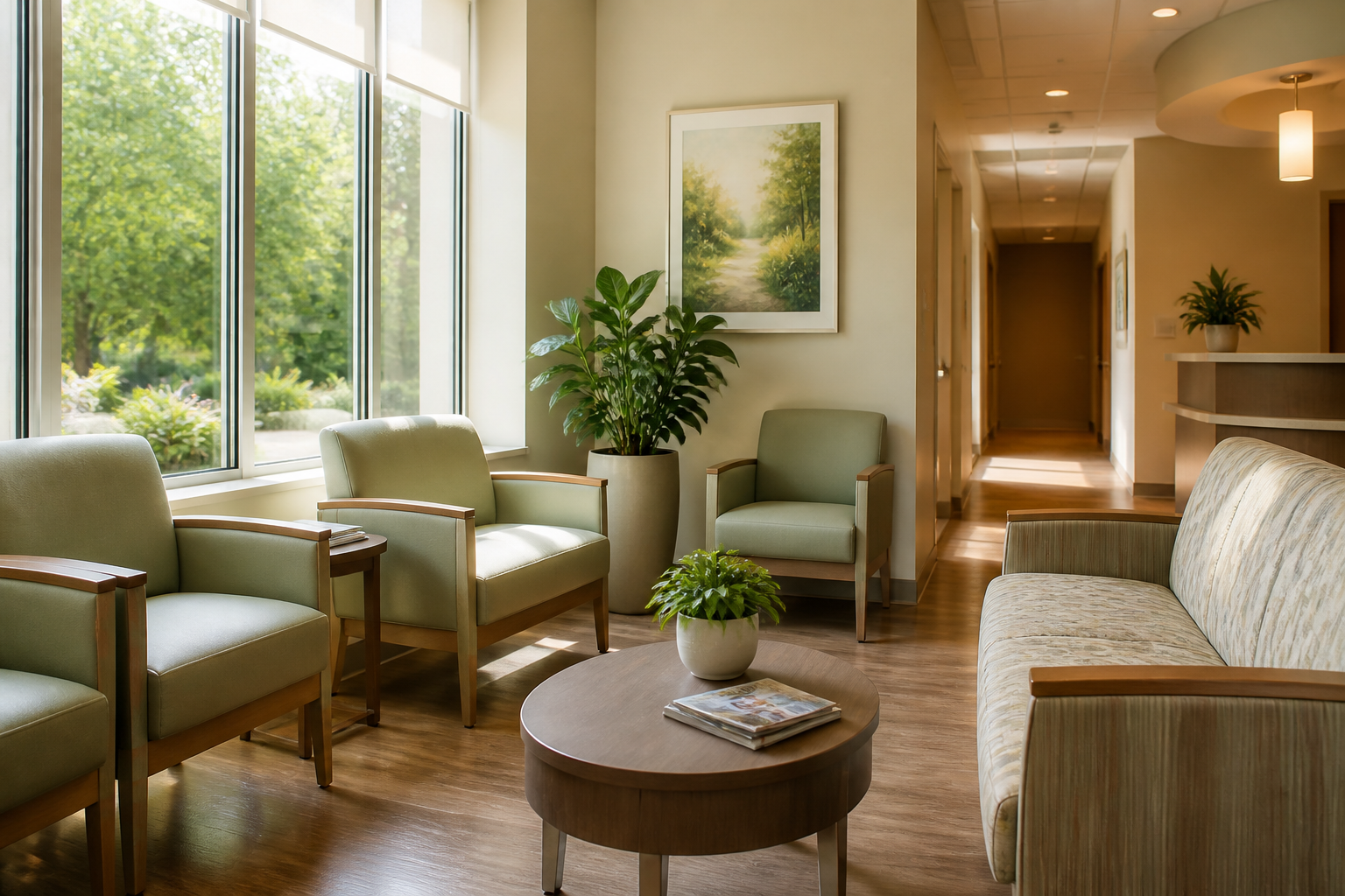Quiet healthcare waiting lounge with plants