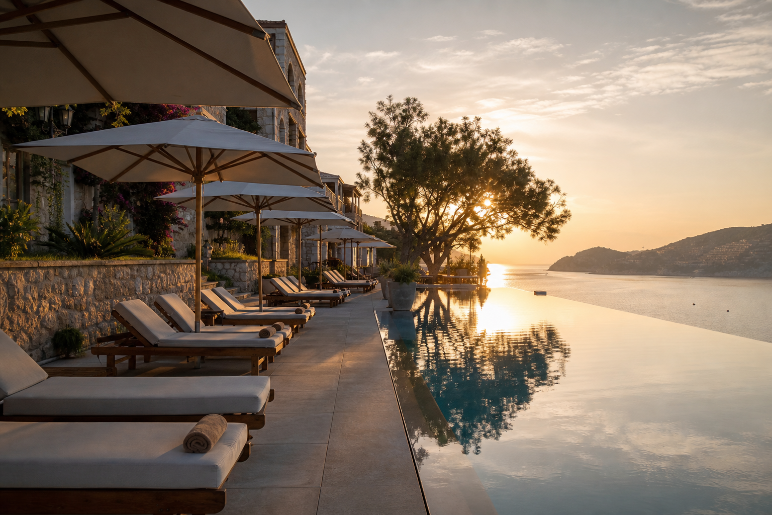Boutique hotel terrace and pool at golden hour