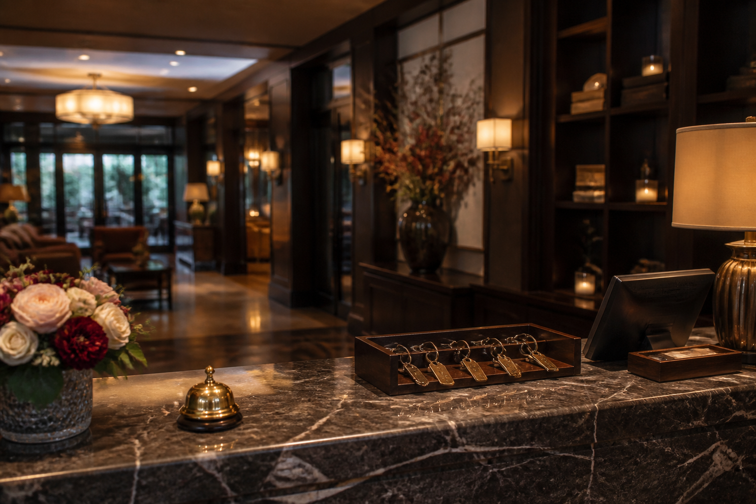 Hotel front desk in warm evening light