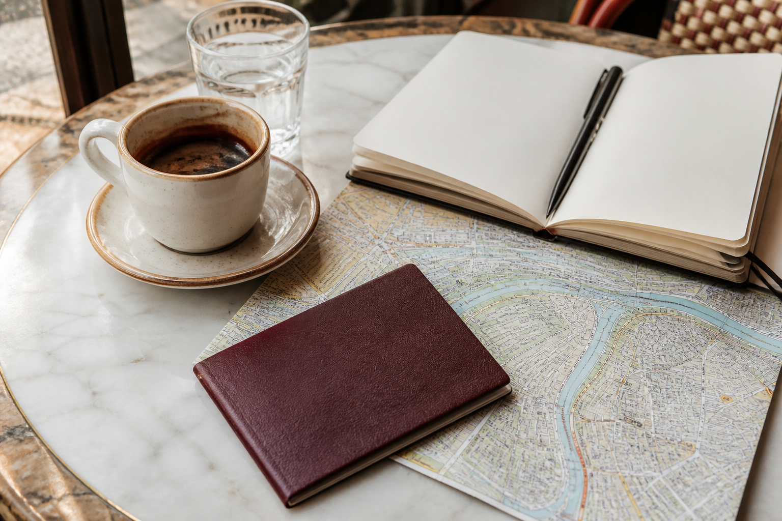 Travel planning still life on a cafe table