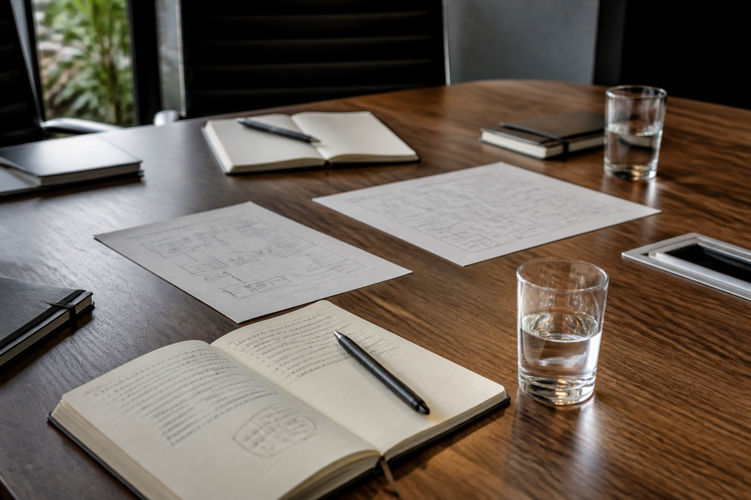 Notebooks and diagrams on a conference table