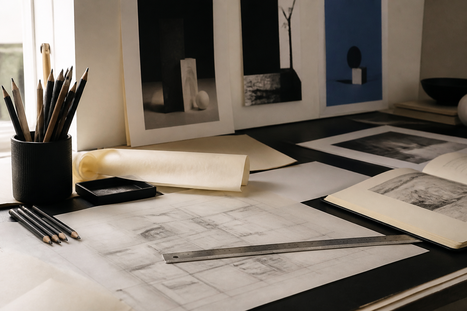 Designer desk with print and tools